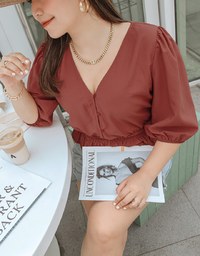 V-neck Buttoned Pattern Cinched Waist Top