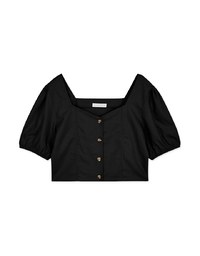 Retro Square Neck Puff Sleeve Buttoned Crop Top