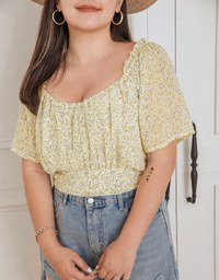 French Style Ditsy Floral Half Sleeve Crop Top
