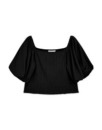 Square Neck Balloon Sleeve Ribbed Crop Top
