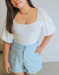 Square Neck Balloon Sleeve Knit Crop Top
