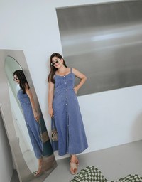 Thin Strap Button-Down Slit Denim Jeans Midi Dress