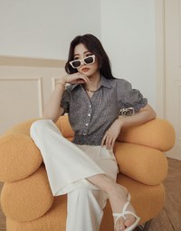 Checkered Lapel Collar Puff Sleeve Cinched Waist Top