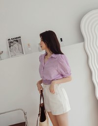 Checkered Lapel Collar Puff Sleeve Cinched Waist Top