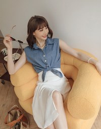 Iconic Front-Tie Denim Jeans Sleeveless Blouse Shirt
