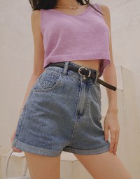 High Waisted Roll Up Denim Jeans Shorts (With Belt)