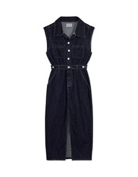 【Vacanza 】 Long Denim Jeans Dress With Lapel Collar And Placket Button Slit