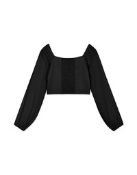 Square Neck Sheer Bead Button Puff Sleeves Crop Top
