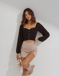 Square Neck Sheer Bead Button Puff Sleeves Crop Top