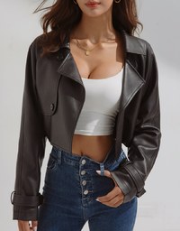Stylish Crop Faux Leather Trench Coat