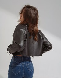 Stylish Crop Faux Leather Trench Coat