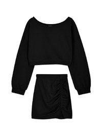 Slant Shoulder Wrinkle Slit Elastic Skirt Setwear