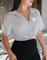 Front Knot Cinched Waist Blouse Shirt