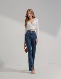 High Waisted Double-Button Slit Flared Denim Jeans Pants