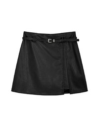 Stitching Slit Faux Leather Skirt (With Belt)