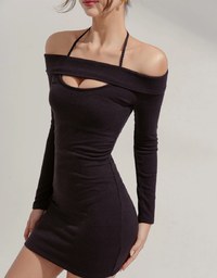 One-Shoulder Wrap-Neck Hollow-Knit Mini Dress