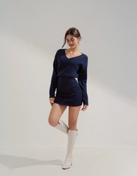 V-Neck Knit Mini Dress With Pocket