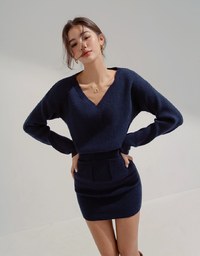 V-Neck Knit Mini Dress With Pocket