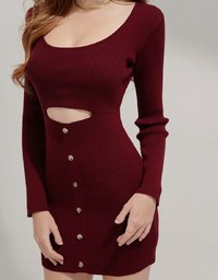 U-Neckline Button-Down Knit Mini Dress