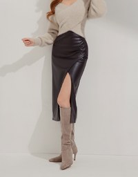 Fashionable Interlocking Slit Faux Leather Skirt