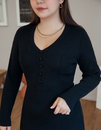 V Neck Buttoned Pocket Knit Mini Dress