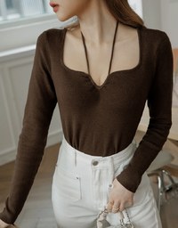 Small V Neck Tie Knitted Long Sleeve Top