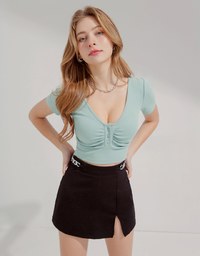 V-Neck Ruffled Button-Up Knit Crop Top