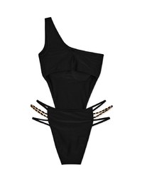 【PUSH UP 】One-Shoulder High Slit Gold Chain Hollow One-Piece Swimsuit Bra Padded