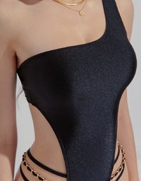 【PUSH UP 】One-Shoulder High Slit Gold Chain Hollow One-Piece Swimsuit Bra Padded