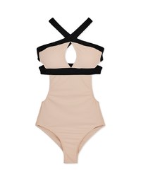 【I am CIRCLE】Collab- Texture Contrasting Color Cross Strap One-Piece Swimsuit
