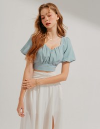 Heart Neck Puff Sleeve Shirred Top