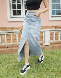 Concealed Placket Slit Denim Jeans Maxi Skirt
