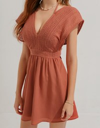 Deep V EmbroideredLace Strap Mini Dress (With Chest Pad)