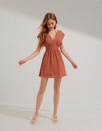 Deep V EmbroideredLace Strap Mini Dress (With Chest Pad)