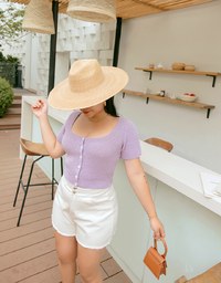 Square Neckline Button  Knit Top