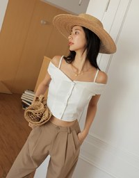 Off-Neck Thin Strap Button-Up Top