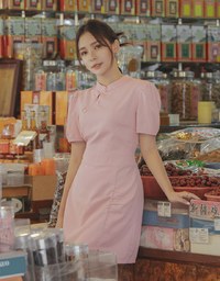 【Elecher's Design】Satin Chinese Button Puffy Sleeve Short Cheongsam