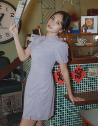 Ready Stock【Elecher's Design】Satin Chinese Button Puffy Sleeve Short Cheongsam