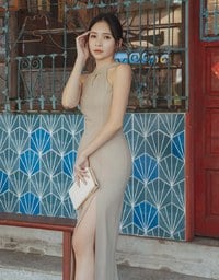 【Elecher's Design】 Halter Cheongsam Maxi Dress with Slit and Bra Padded (with padding)