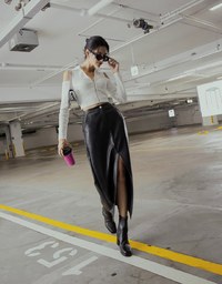 Front Slit Faux Leather Maxi Skirt