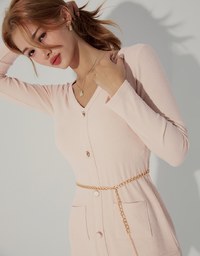 V Neck Knit Brushed Mini Dress (With Waist Chain)