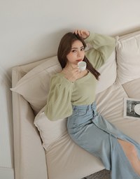 Square Neck Wool Puff Sleeve Top