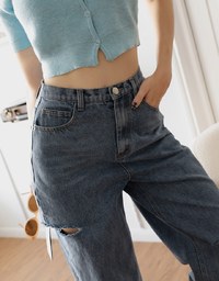 Sexy Side Cut Denim Jeans Wide Leg Pants