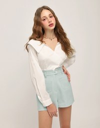 French Collar Crossover Crop Blouse Shirt