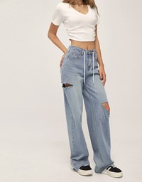 Street Drawstring Distressed Wide Pants