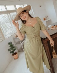 Vintage Front Cross Hollow Slit Midi Dress