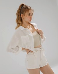 Sheer Drawstring Open Collar Blouse