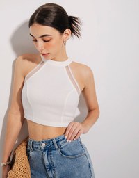 Sheer Mesh Patchwork Halter Top