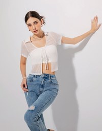 Open Collar Sheer Tie Strap Top