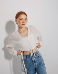 V Neck Sheer Tie Front Button Down Top